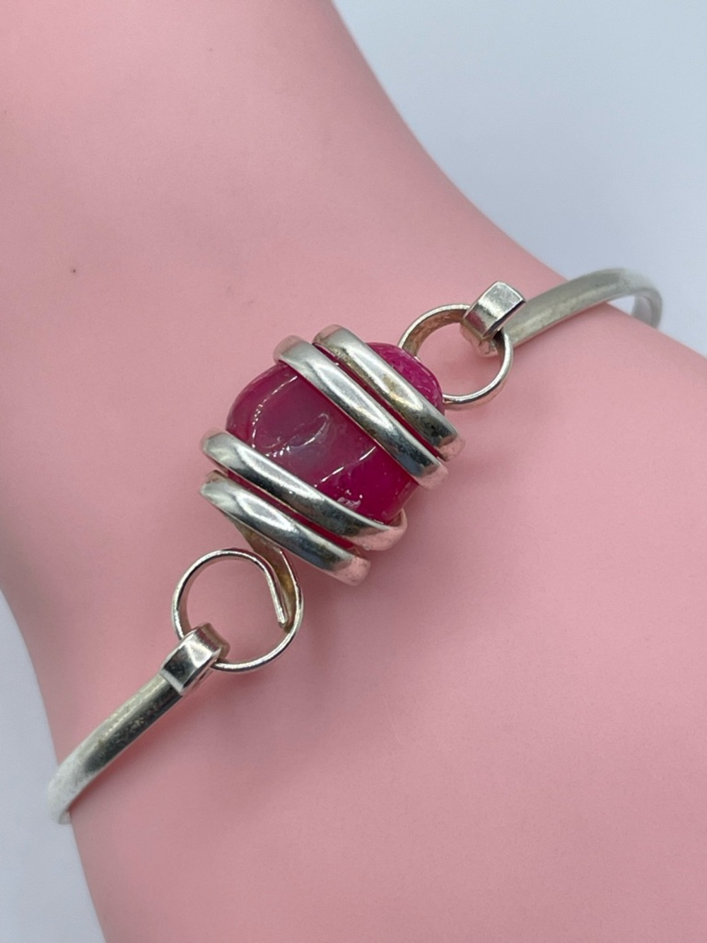 Vintage Mexico Pink Stone Silver Cuff Bracelet Boho Southwestern